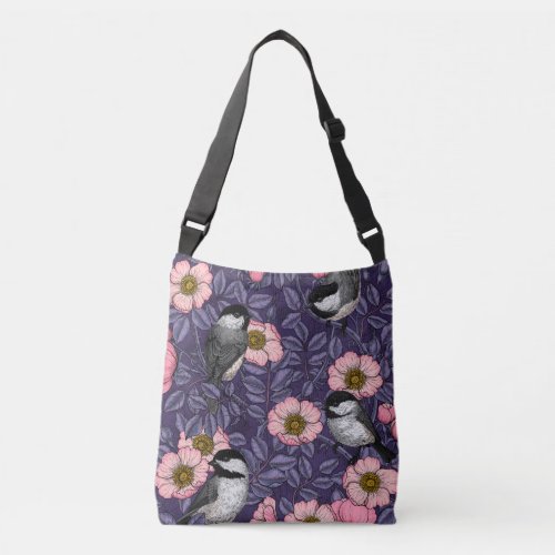 Chickadees in the wild rose in pink and violet crossbody bag