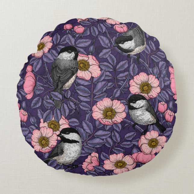 Chickadees in the wild rose in pink and violet round pillow (Front)
