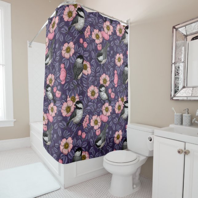 Chickadees in the wild rose in pink and violet shower curtain (In Situ)
