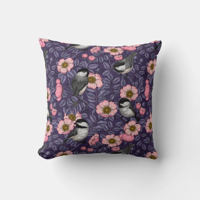 Chickadees in the wild rose in pink and violet throw pillow (Front)