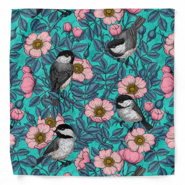 Chickadees in the wild rose, pink and blue bandana (Front)