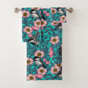 Chickadees in the wild rose, pink and blue bath towel set