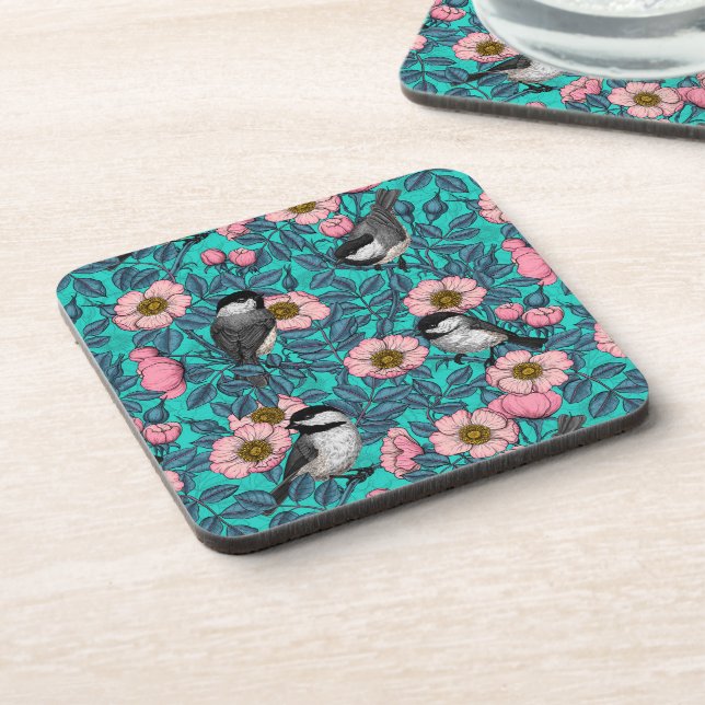 Chickadees in the wild rose, pink and blue beverage coaster (Left Side)