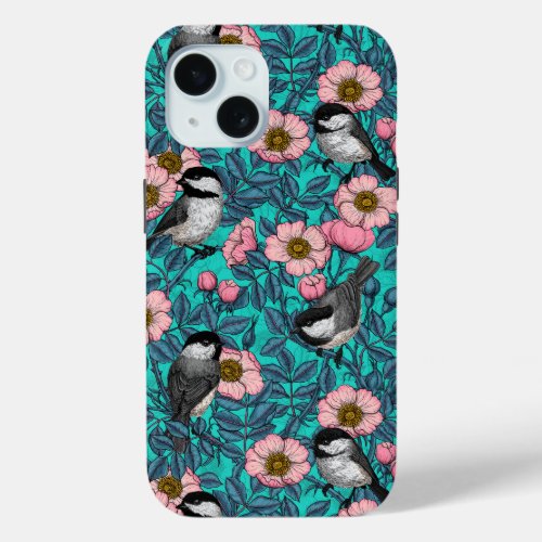 Chickadees in the wild rose pink and blue iPhone 15 case
