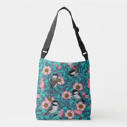 Chickadees in the wild rose pink and blue crossbody bag