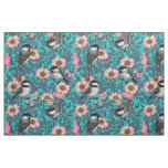 Chickadees in the wild rose, pink and blue fabric