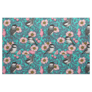 Chickadees in the wild rose, pink and blue fabric