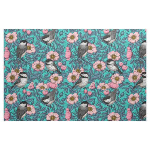 Chickadees in the wild rose, pink and blue fabric