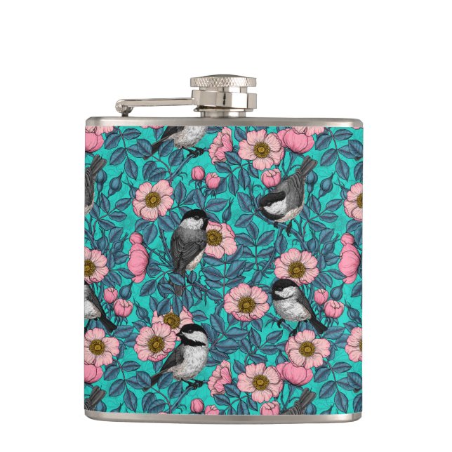 Chickadees in the wild rose, pink and blue flask (Front)