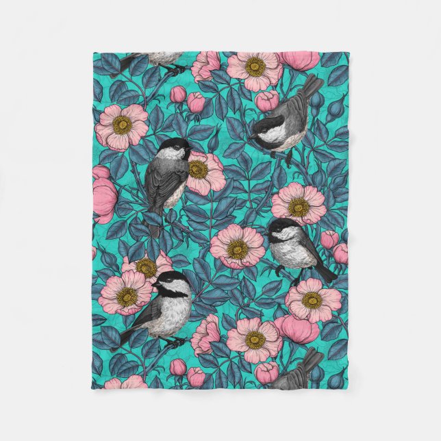 Chickadees in the wild rose, pink and blue fleece blanket (Front)
