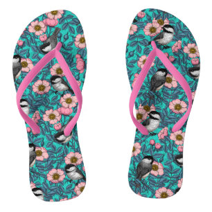 Chickadees in the wild rose, pink and blue flip flops