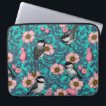 Chickadees in the wild rose, pink and blue laptop sleeve<br><div class="desc">Hand  drawn vector pattern with black-capped chickadee birds on a wild rose bush</div>