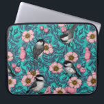 Chickadees in the wild rose, pink and blue laptop sleeve<br><div class="desc">Hand  drawn vector pattern with black-capped chickadee birds on a wild rose bush</div>