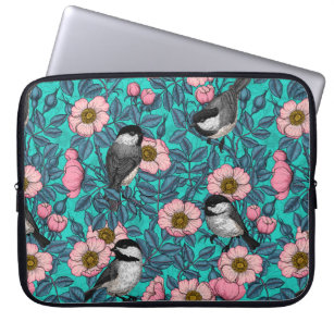 Chickadees in the wild rose, pink and blue laptop sleeve