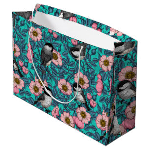 Chickadees in the wild rose, pink and blue large gift bag