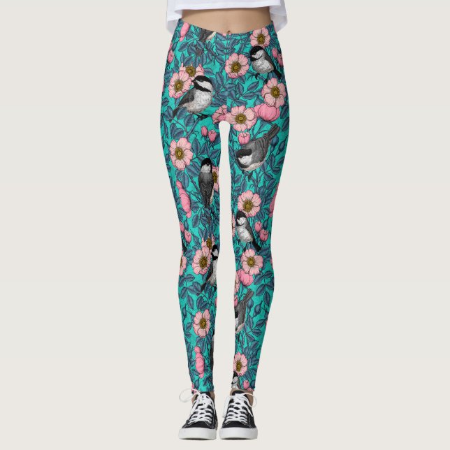 Chickadees in the wild rose, pink and blue leggings (Front)