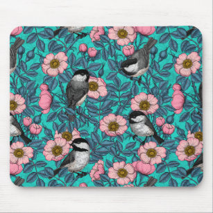 Chickadees in the wild rose, pink and blue mouse pad