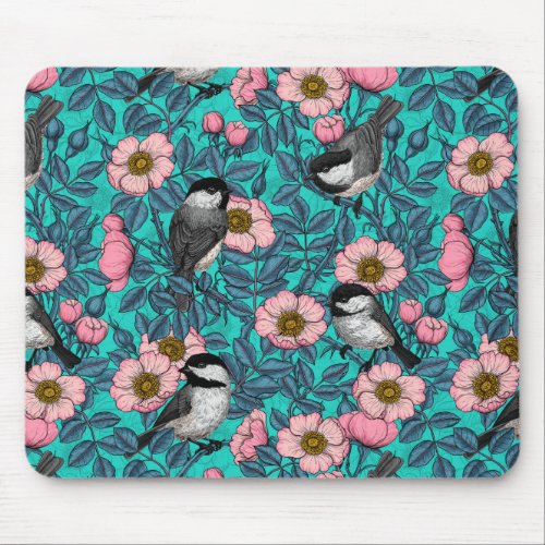 Chickadees in the wild rose pink and blue mouse pad