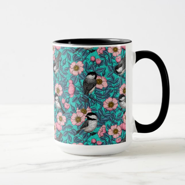 Chickadees in the wild rose, pink and blue mug (Right)