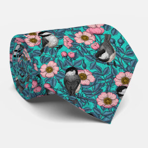 Chickadees in the wild rose, pink and blue neck tie