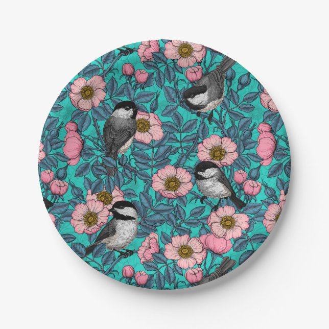 Chickadees in the wild rose, pink and blue paper plates (Front)