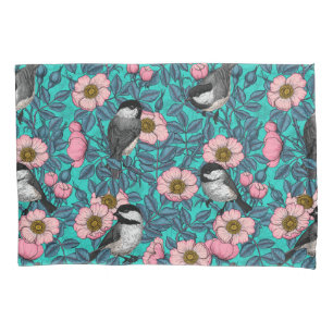 Chickadees in the wild rose, pink and blue pillow case