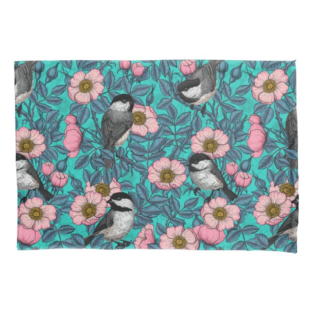 Chickadees in the wild rose, pink and blue pillow case (Front)