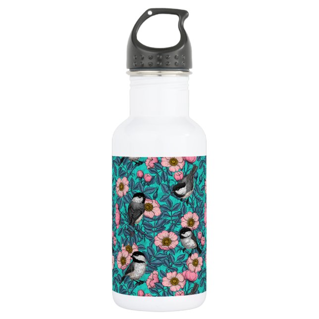 Chickadees in the wild rose, pink and blue stainless steel water bottle (Front)