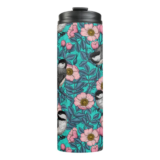 Chickadees in the wild rose, pink and blue thermal tumbler (Front)