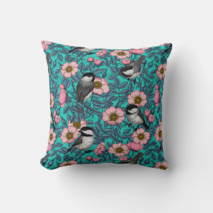 Chickadees in the wild rose, pink and blue throw pillow