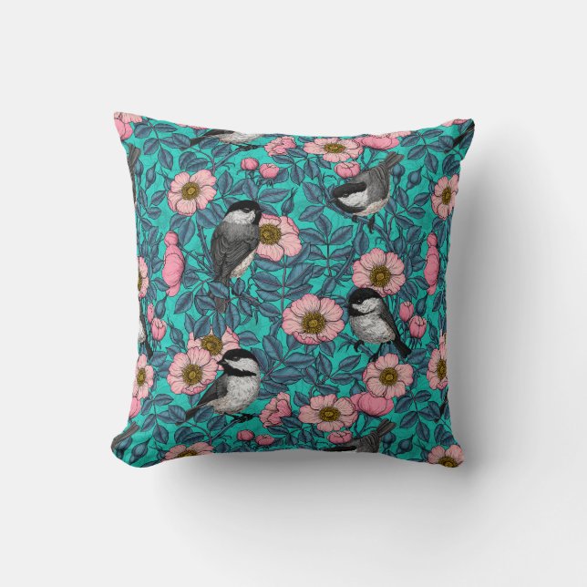 Chickadees in the wild rose, pink and blue throw pillow (Front)