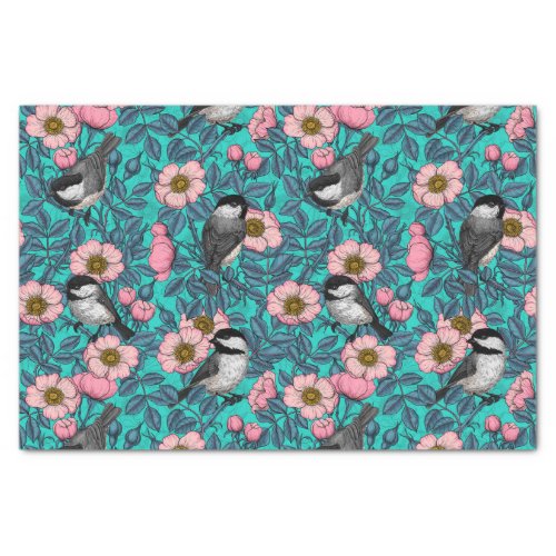 Chickadees in the wild rose pink and blue tissue paper