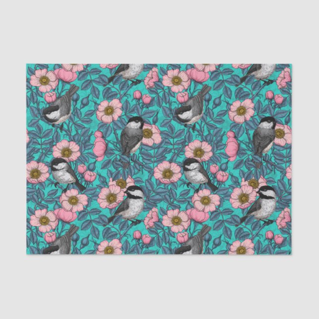 Chickadees in the wild rose, pink and blue tissue paper (Front)