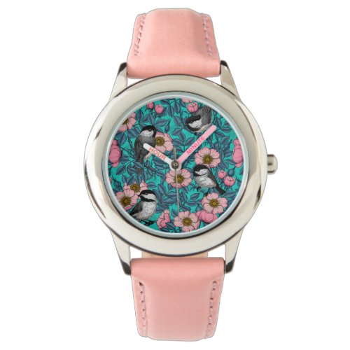 Chickadees in the wild rose pink and blue watch