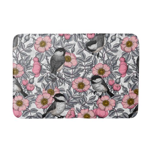 Chickadees in the wild rose pink and gray bath mat