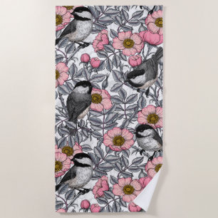 Chickadees in the wild rose, pink and gray beach towel