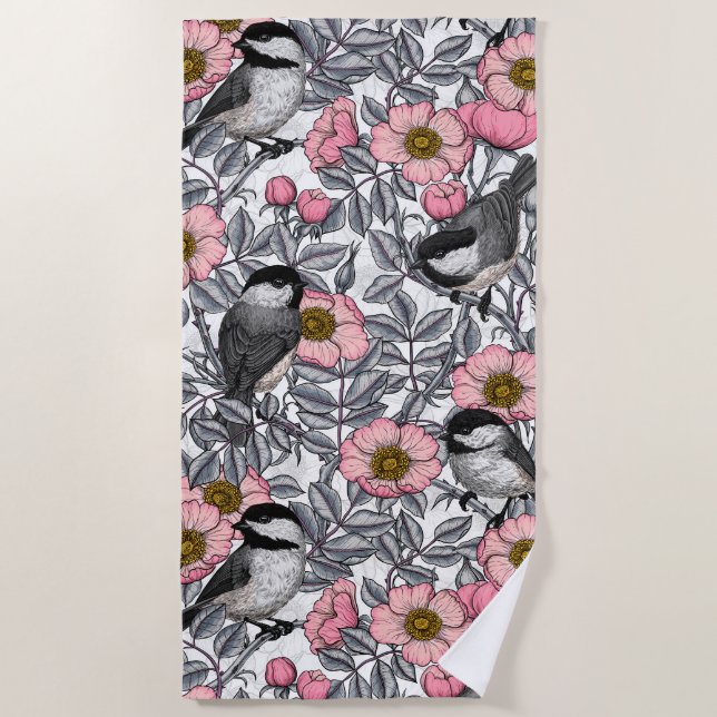 Chickadees in the wild rose, pink and gray beach towel (Front)
