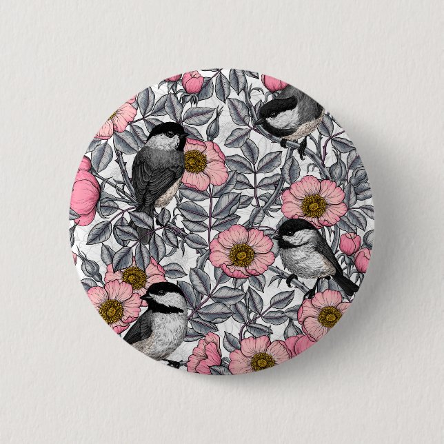 Chickadees in the wild rose, pink and gray button (Front)