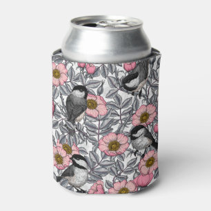 Chickadees in the wild rose, pink and gray can cooler
