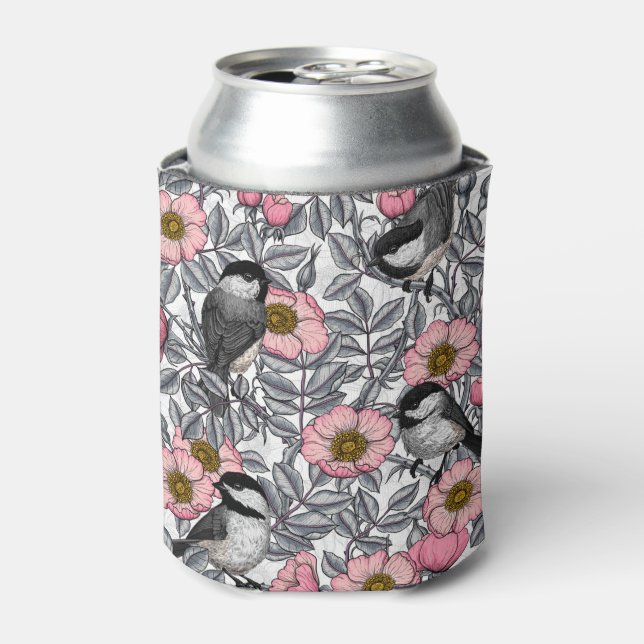 Chickadees in the wild rose, pink and gray can cooler (Can Front)