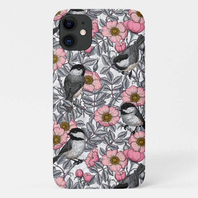 Chickadees in the wild rose, pink and gray Case-Mate iPhone case (Back)