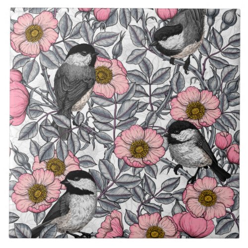 Chickadees in the wild rose pink and gray ceramic tile