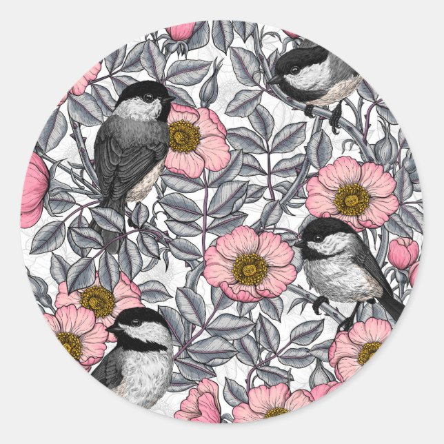 Chickadees in the wild rose, pink and gray classic round sticker (Front)