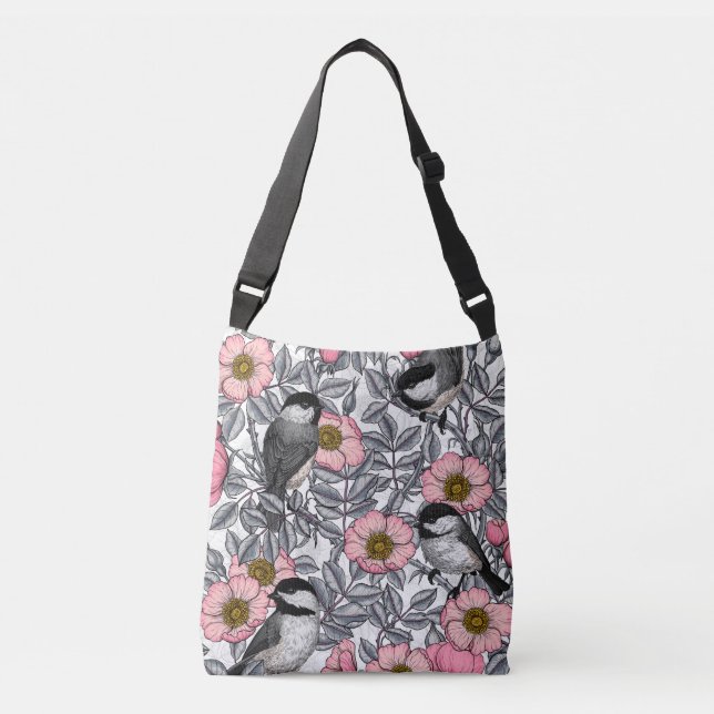 Chickadees in the wild rose, pink and gray crossbody bag (Front)
