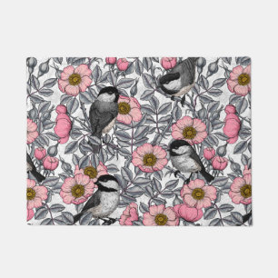 Chickadees in the wild rose, pink and gray doormat