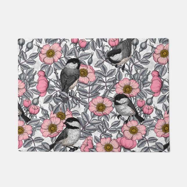 Chickadees in the wild rose, pink and gray doormat (Front)