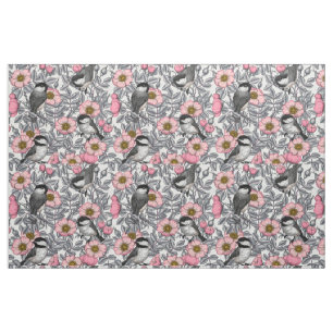Chickadees in the wild rose, pink and gray fabric