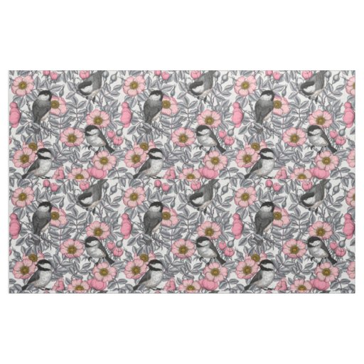 Chickadees in the wild rose, pink and gray fabric