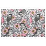 Chickadees in the wild rose, pink and gray fabric