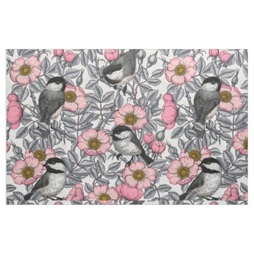 Chickadees in the wild rose, pink and gray fabric